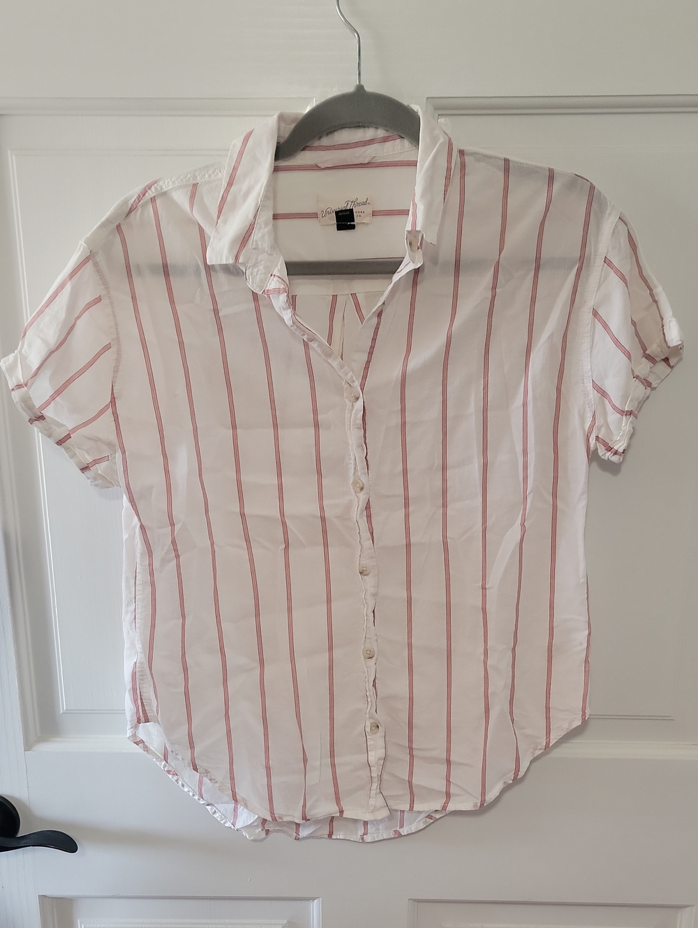 Universal Thread White Button-Down Shirt with Pink Stripes